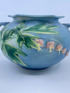 vintage roseville pottery "bushberry" blue double handle jardiniere 377-4